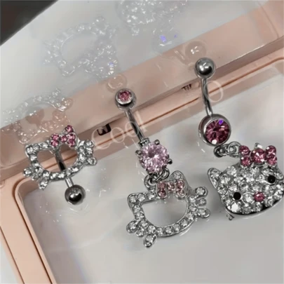  1 st SANRIO Hello Kitty navelring - Y2K moderiktiga navelsmycken i legering med rosa kristalldekor - snygg piercingaccessoar för kvinnor - perfekt födelsedags- och alla hjärtans dag-present, SANRIO