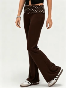 Fold Over Yoga Pants For Women Y2k Vintage Polka Dots Print Low Rise Flared Leg Sweatpants Casual Going Out Leggings Stretchy Foldover Bell Bottoms Lounge Trousers - 棕色 - 查看 3