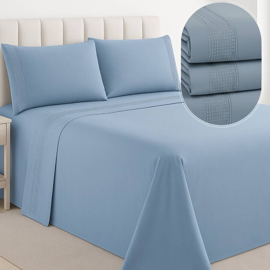 Habitat 4-Piece Queen And King Size Bed Sheet Set, Embroidered With Elastic, Soft Touch, Smooth - Màu xanh lam - Xem 1