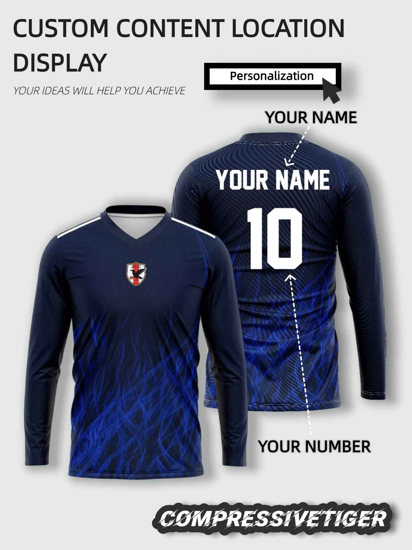 Customized Navy Blue Flame Pattern Long Sleeve Japan Football Jersey - Add Your Name, Number Or Unique Design | High-Performance Moisture-Wicking Fabric | Striking Blue Flame Design Showcases Fierce Athletic Aesthetics | The Ideal Choice For Personalized Gear Combining Fashion And Function