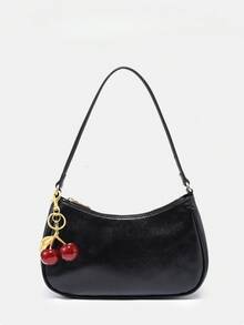 Women's Fall Outfits, Floral Patterned Fabric, Cute Pendant Decor, Cherry Pendant, Women's Minimalist One Shoulder Bag, Zipper Closure, Retro Style, Underarm Bag, Suitable For Multiple Occasions Glossy Leather,Shoulder Bags For Women,Handbags For Women,Cherry Keychain,Bag Charms,Black Purse,Carteras Para Mujer,Purses And Bags Women,Bolsos Para Mujer, Valentine's Day,Valentines,Carteras Para Mujer,New Year,    [Cherry Accessory Included Randomly] Please Do Not Purchase If You Mind.,Valentine's Day,New Year - 2pc - 查看 1