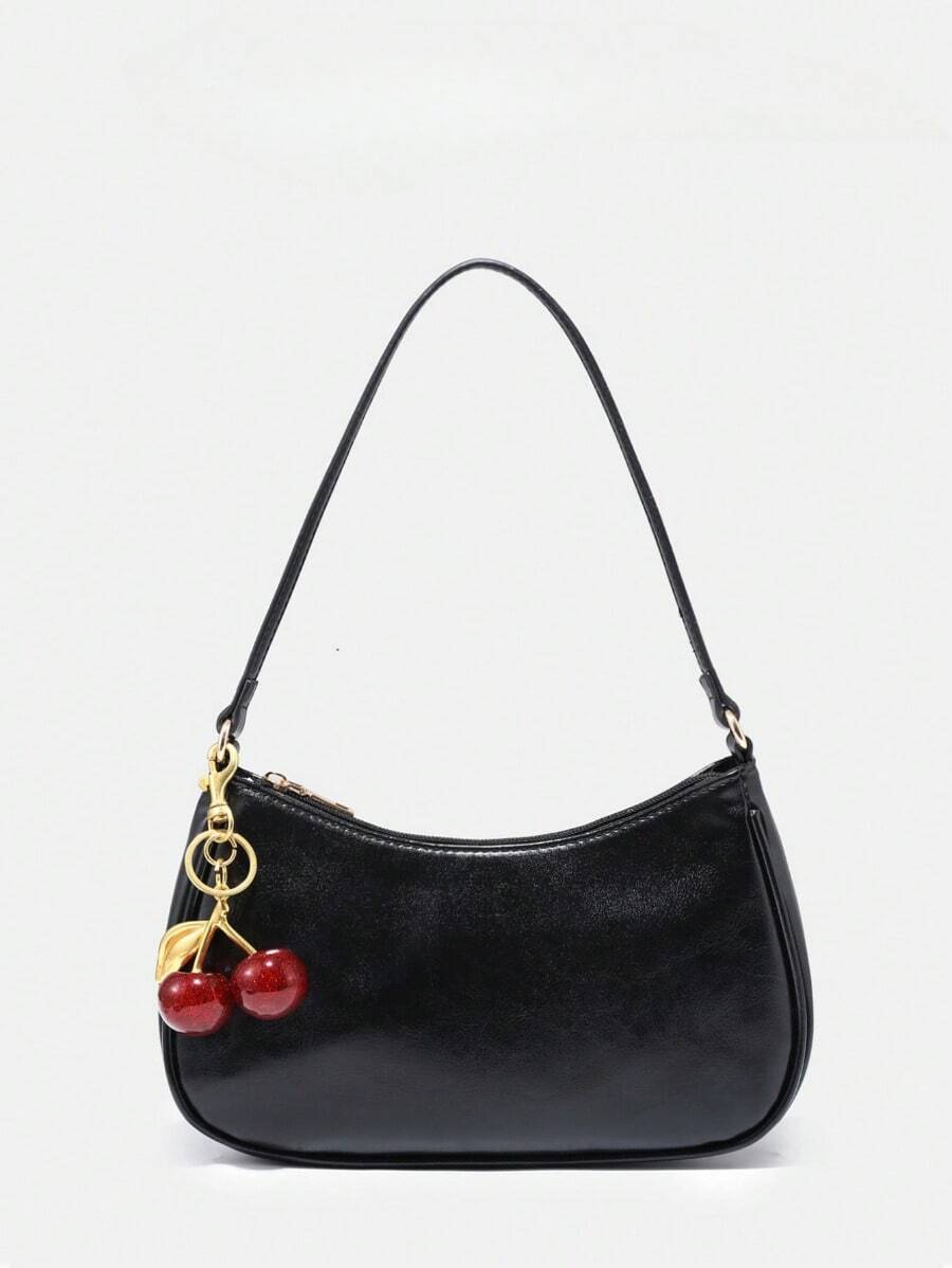 Women's Fall Outfits, Floral Patterned Fabric, Cute Pendant Decor, Cherry Pendant, Women's Minimalist One Shoulder Bag, Zipper Closure, Retro Style, Underarm Bag, Suitable For Multiple Occasions Glossy Leather,Shoulder Bags For Women,Handbags For Women,Cherry Keychain,Bag Charms,Black Purse,Carteras Para Mujer,Purses And Bags Women,Bolsos Para Mujer, Valentine's Day,Valentines,Carteras Para Mujer,New Year,    [Cherry Accessory Included Randomly] Please Do Not Purchase If You Mind.,Valentine's Day,New Year - 2pc - 查看 1