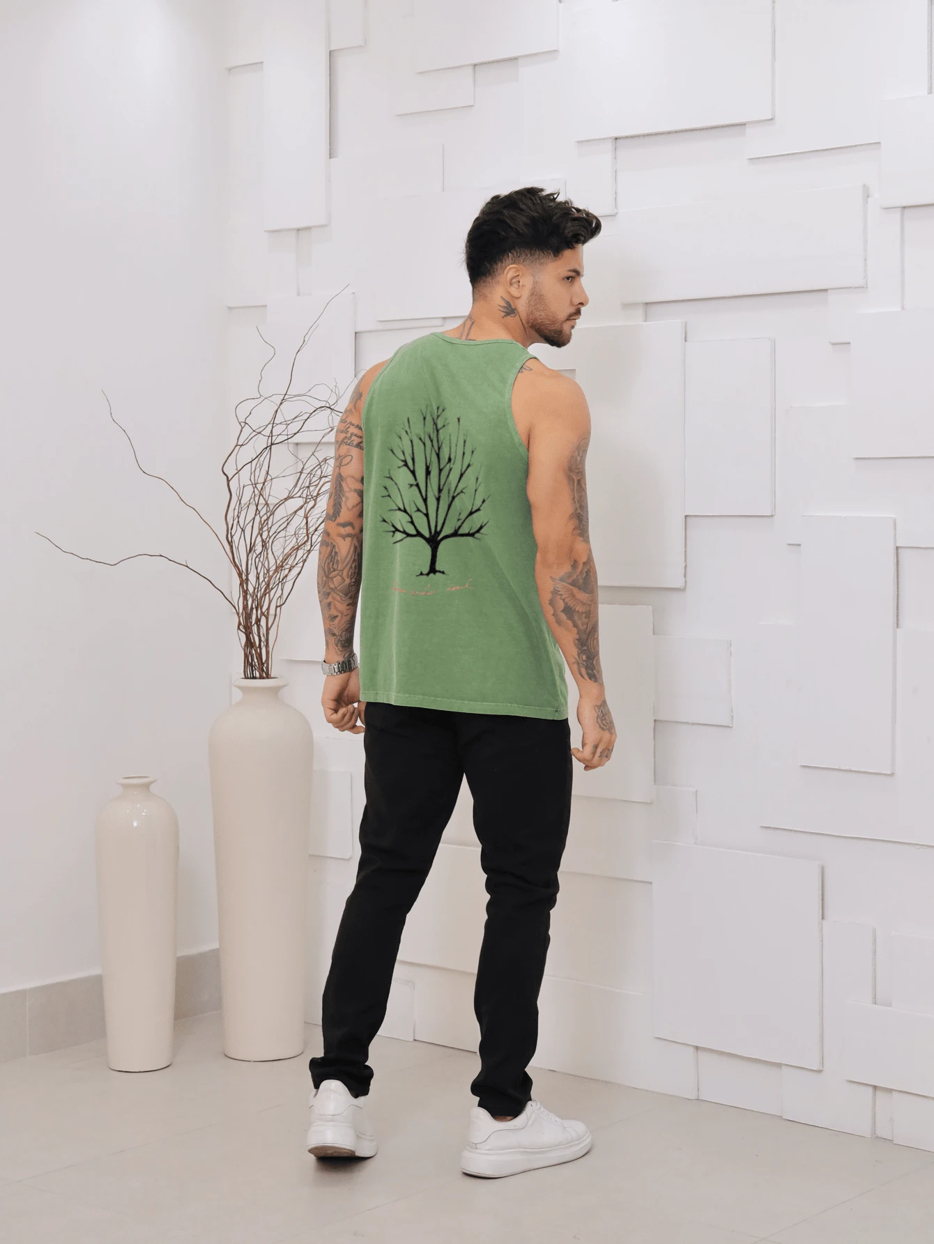 Men's Standard Sleeveless Printed Summer Tank Top With Washed Knit Stitching - Green - View 1