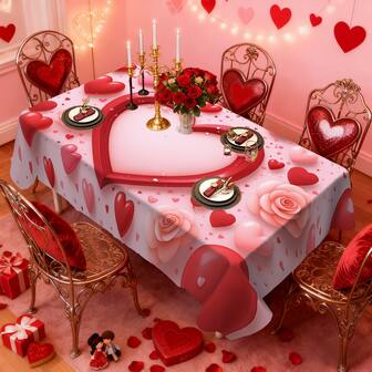 1/20 piezas Mantel de San Valentín con patrón de corazones rojos y rosas rosadas de tela de poliéster para decoración del hogar, cocina, exterior, jardín, fiesta, restaurante en el Día de San Valentín y primavera