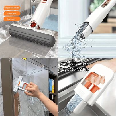 One-Handed Mini Mop With Squeeze Handle And Folding Mechanism - Compact And Lightweight, Space-Saving, Suitable For Single-Handed Cleaning Of Floors And Tabletops, No Hand Washing Required, Dual Wet And Dry Use, Reusable Mop Head - Ideal For Small Spaces, Apartments, Homes And Offices - Available In Black And White, Handheld Mop, Kitchen Handheld Mop