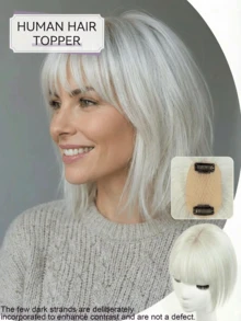 女士短款波波头假发片，适合头发稀疏的人士，侧分假发片，真人发假发片，带刘海，灰色手工假发片，丝绸底座，增加发量，真人发假发片，直发假发片，带刘海