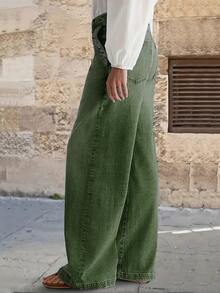 New Women's Loose Fit Wide Leg Casual Washed Denim Jeans - Green, High Quality Jeans