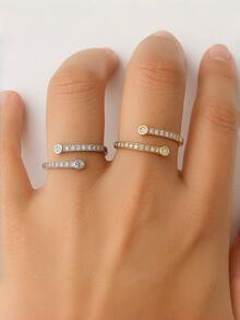 Adjustable Double Ring With Cubic Zirconia – 18K Gold Or Silver Plated Costume Jewelry – Luxury Open Design - 金色 - 查看 3