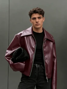 Men's Fitted PU Jacket For Outdoor & Daily Wear - Black, Fall/Winter Leather-Look Coat, Collared Zip-Up Design, Versatile For Home, Casual, Sports, Suitable For Teens To Adults | Men's Winter Jacket | Men's Leather-Look Outerwear | All-Age Casual Outdoor Jacket - Rượu vang đỏ - Xem 3