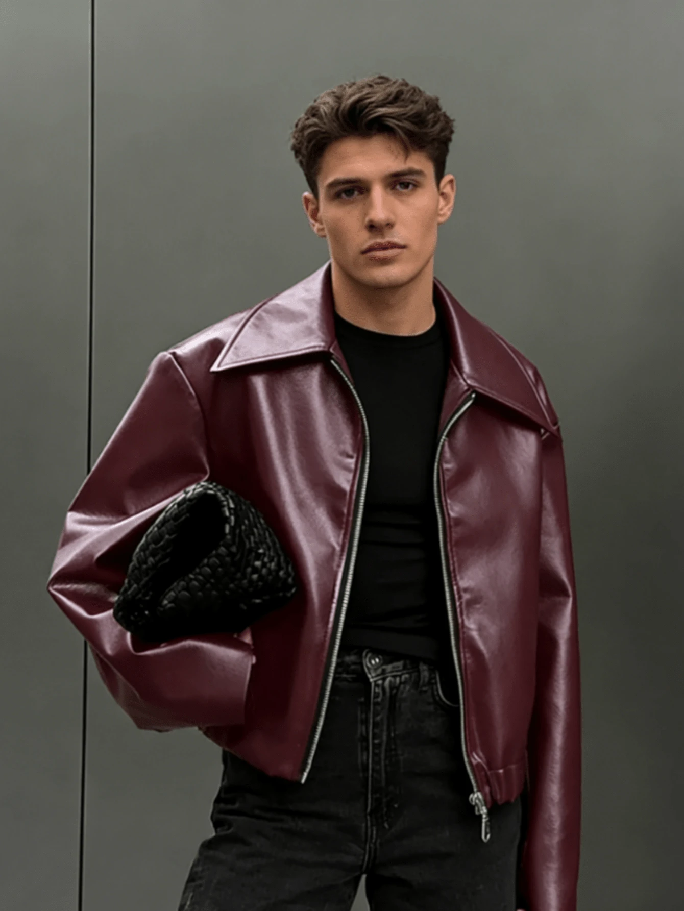 Men's Fitted PU Jacket For Outdoor & Daily Wear - Black, Fall/Winter Leather-Look Coat, Collared Zip-Up Design, Versatile For Home, Casual, Sports, Suitable For Teens To Adults | Men's Winter Jacket | Men's Leather-Look Outerwear | All-Age Casual Outdoor Jacket - 酒紅 - 查看 1