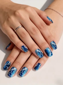 24pcs Nail Stickers, Featuring Blue & White Ink Painting, Chinese Porcelain, Water Dyeing, Blue & White Stripes, Ink Lines Nail Art Designs, Brightening, Removable Fake Nails, Suitable For Beginners