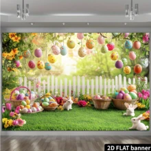 2D立体复活节春季花园派对横幅，鲜艳的涤纶背景，白色栅栏，彩色彩蛋和可爱兔子，适合家居、房间和墙面装饰。 - 綠色 - 查看 10