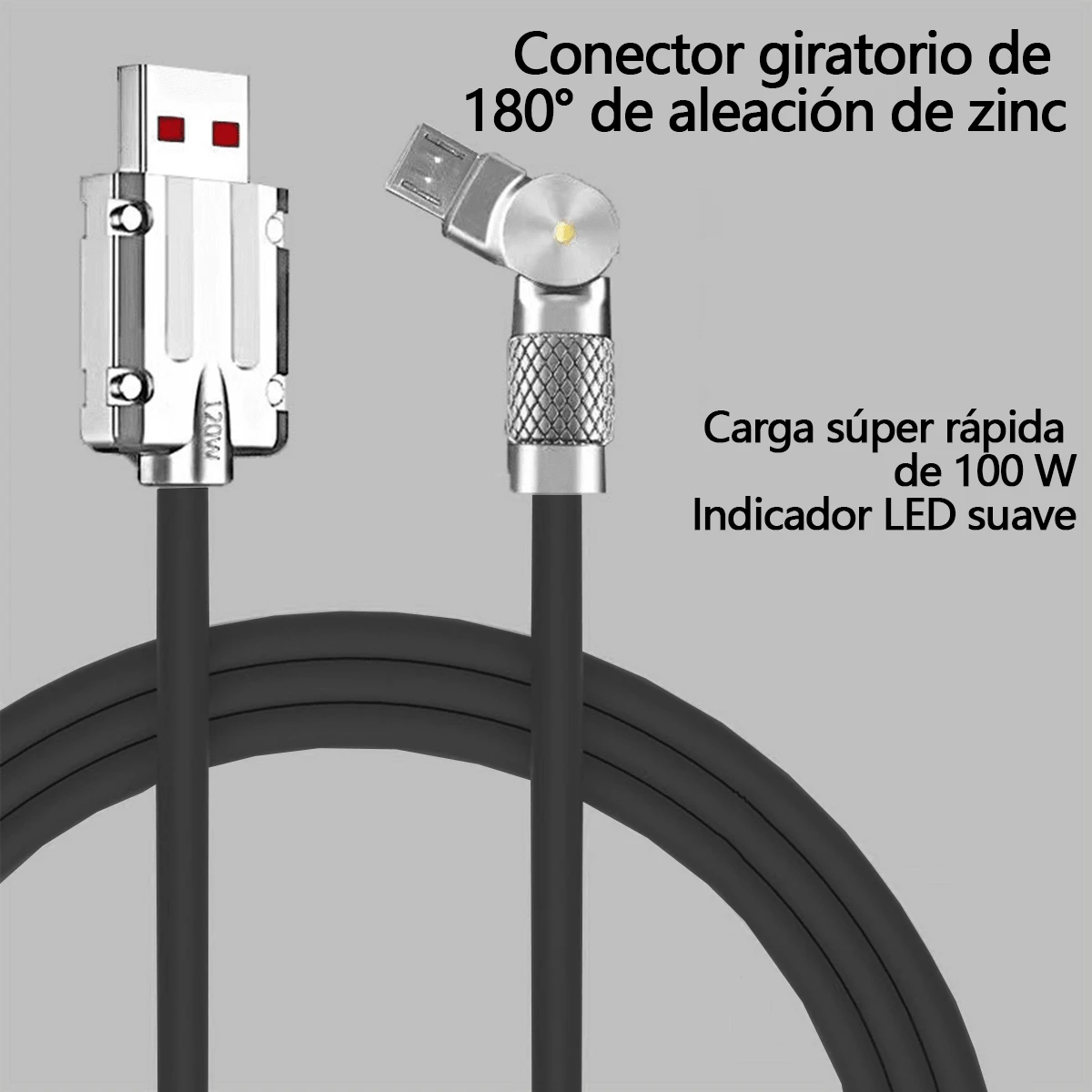 Cable de datos con cabezal giratorio, cable de carga rápida de 1 metro, cable de carga ultrarrápida tipo C. Admite una rotación de 180 grados, cable cargador portátil para coche, estructura resistente, acabado superficial liso, sin batería, se alimenta a través de USB. - Negro - Ver 1