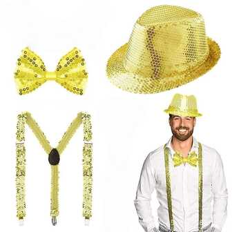 Set de 3 piezas de sombrero de terciopelo con brillo estilo disco. Accesorios retro de los 70s, incluye sombrero de terciopelo con brillo, moño y tirantes.