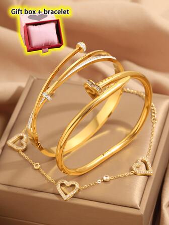 1 pieza Pulsera de acero inoxidable con diseño hueco en forma de corazón, romántico e individualista, con rhinestones. Es un regalo ideal para el Día de San Valentín o un cumpleaños. Es adecuado para que las mujeres lo usen a diario.