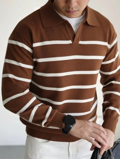 Long Sleeve Striped Airplane Collar Knit Sweater