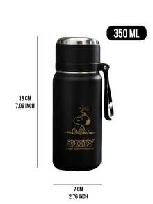 350毫升史努比真空保温杯，黑色哑光杯身配银色金属盖，316不锈钢内胆，硅胶密封盖，多功能盖，防漏，内置过滤器，轻巧便携，保温/保冷，适合日常使用、办公、学习、旅行、阅读、桌面装饰，是史努比粉丝、卡通爱好者、学生、上班族的理想之选，也是一份贴心的礼物。