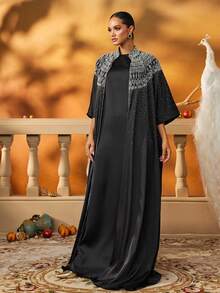 AmazingHoney Black Beaded Batwing Sleeve Robe And Dress Elegant Arabic Set - Black - View 4
