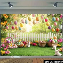 2D立体复活节春季花园派对横幅，鲜艳的涤纶背景，白色栅栏，彩色彩蛋和可爱兔子，适合家居、房间和墙面装饰。 - 綠色 - 查看 11