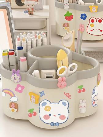 旋转桌面收纳盒，多个收纳空间，可存放文具、化妆刷、口红、眉笔等 - 耐用PP材质，无异味，适合宿舍和办公桌收纳。