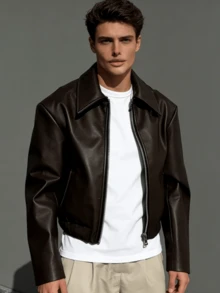 Men's Fitted PU Jacket For Outdoor & Daily Wear - Black, Fall/Winter Leather-Look Coat, Collared Zip-Up Design, Versatile For Home, Casual, Sports, Suitable For Teens To Adults | Men's Winter Jacket | Men's Leather-Look Outerwear | All-Age Casual Outdoor Jacket - 棕色 - 查看 4