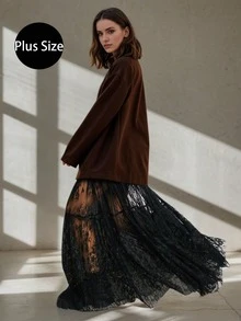Chân váy ren jacquard dáng rộng cạp cao cỡ lớn dành cho nữ, phù hợp đi làm và mặc hàng ngày, màu đen mùa hè. - màu đen - Xem 2