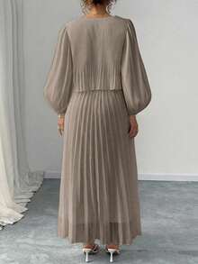 Elegant White Pearl Chiffon Long Sleeve Dress Spring - Khaki - View 2