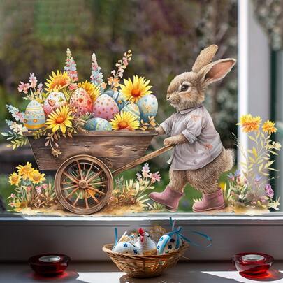 1pc Sunflower Watercolor Easter Egg Pushcart Rabbit Window Sticker, Restaurant Decor Static Cling, Removable For Living Room, Bedroom, Windows - Easy To Apply, Durable PVC Easter Decoration