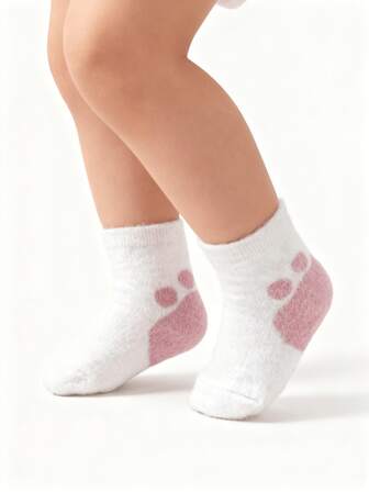 3/5 Pairs Baby Thickened Warm Plush Cute Paw Print Mid-Calf Socks, Autumn/Winter