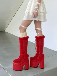 Knee High Boots For Womens Side Zipper Warm Faux Fur Platform Chunky Heel Punk Goth Walking Winter Snow Boots - Đỏ - Xem 2