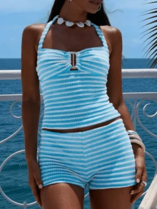 Women's Striped Halter Cutout Ruched Crop Top And Bodycon Shorts 2 Piece Set For Beach Vacation - Màu xanh lam - Xem 6
