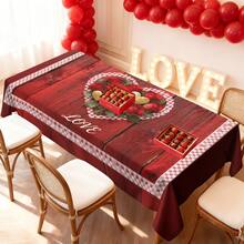 1/20pcs Valentine's Day Tablecloth, Red Wood Grain Pattern, Heart-Shaped Rose Design, Romantic Plaid Border, LOVE Text, Perfect For Restaurant, Wedding, Couple Anniversary Dinner, Home Decor, Kitchen Accessories, Valentine's Day Decoration, Ideal Gift - Multicolor - View 4
