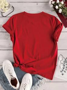 Women's Graphic T-Shirt, Short Sleeve, Round Neck, Basic, Comfortable, Cool, Lightweight, Modern, Youthful, Feminine, Floral Print, Lily, Leaves, 3D - 紅色 - 查看 2