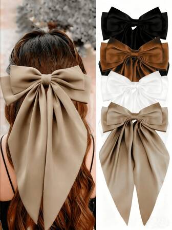 4个女士发夹，黑色蝴蝶结、白色蝴蝶结、棕色蝴蝶结发夹、缎面蝴蝶结发夹、长尾蝴蝶结发夹，派对发饰，圣诞礼物，情人节礼物，感恩节礼物，爪夹，发卡