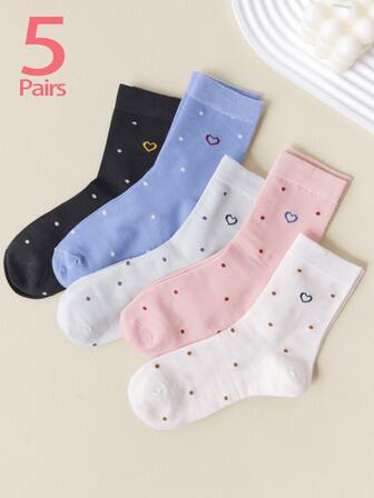 1/5 pares de calcetines tipo tripulación para mujer, con diseño de corazones y lunares, de moda, suaves y cómodos, que absorben la humedad, adecuados para fiestas y atuendos
