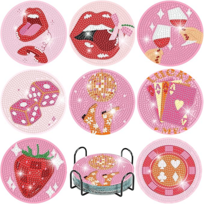 8pcs/Set Stone Art Painting Coasters With Holder, DIY Wine Glass Pattern Diamond Art Coasters, Suitable For Adults And Beginners Diamond Painting Kit, Diamond Painting Craft Supplies, Exquisite Gift For Friends