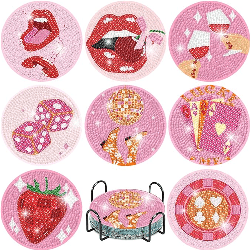 8pcs/Set Stone Art Painting Coasters With Holder, DIY Wine Glass Pattern Diamond Art Coasters, Suitable For Adults And Beginners Diamond Painting Kit, Diamond Painting Craft Supplies, Exquisite Gift For Friends