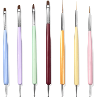 7件套美甲画笔套装，包含指甲油刷、勾线刷、延长胶刷、加固胶刷和多尺寸点珠笔，适用于DIY美甲。