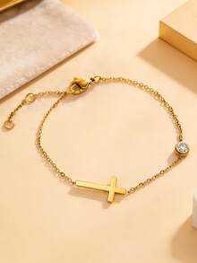 VceTd 1pc/2pcs Elegant Stainless Steel Butterfly/Cross Shaped Pendant Bracelet, Suitable For Women's Daily Commute Or Outings, Afternoon Tea With Friends, Dates, Or As A Holiday Gift For Loved Ones - Yellow Gold - View 8