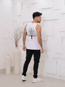 Men's Standard Sleeveless Printed Summer Tank Top With Washed Knit Stitching - White - View 1