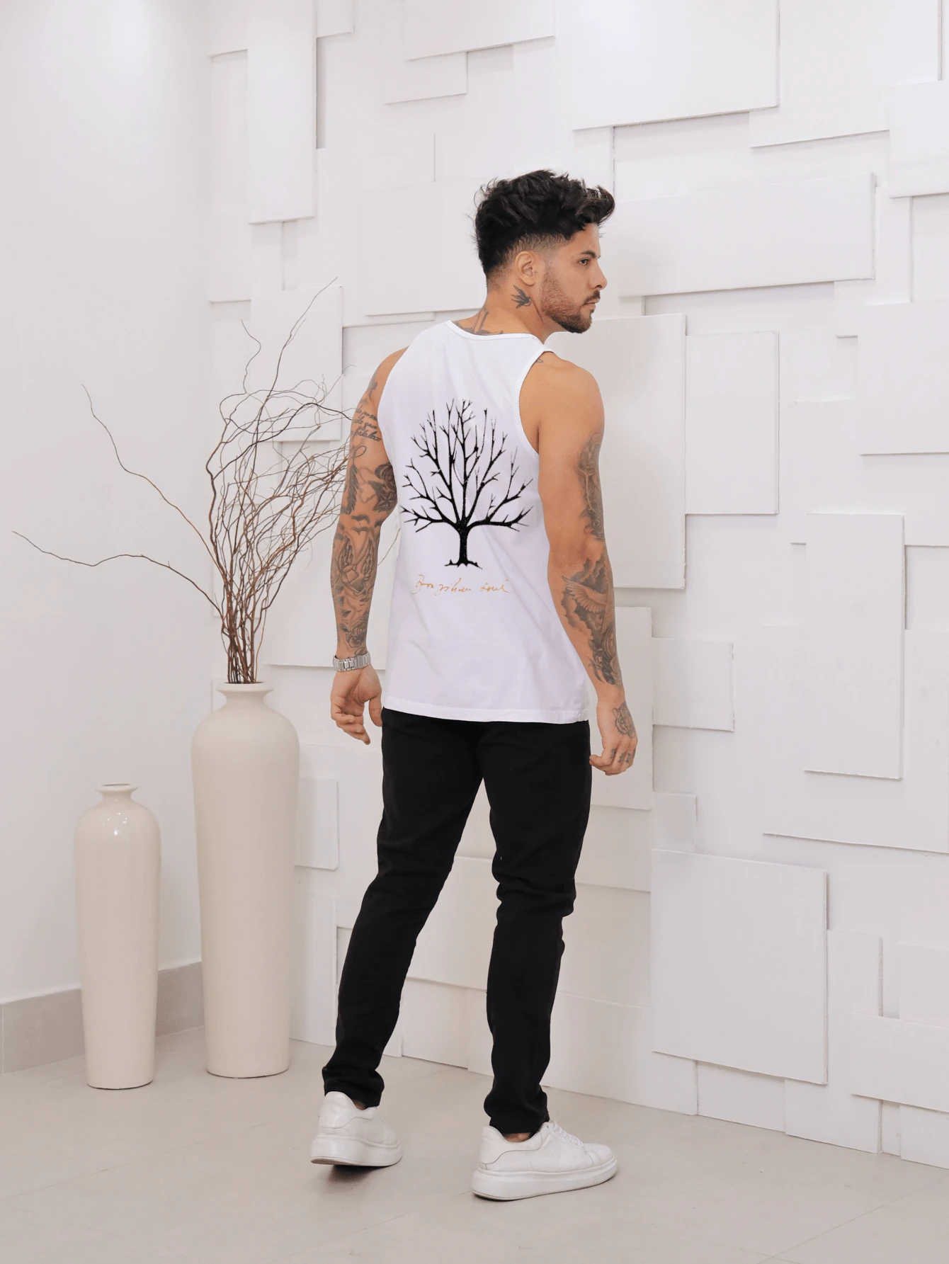 Men's Standard Sleeveless Printed Summer Tank Top With Washed Knit Stitching - White - View 1