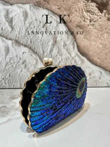 1PC Glitter Vintage Sequins Decor Clutch Purse, Classic Peacock Feather Pattern Evening Handbag, Women's Shiny Satchel Bag , Suitable For Formal Occasions Like Dinner Party, Wedding, Banquet, As Gift For Women Valentine's Day Gift - 藍色 - 查看 3