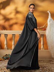AmazingHoney Black Beaded Batwing Sleeve Robe And Dress Elegant Arabic Set - Black - View 3