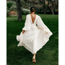 Elegant European And American Style Women's Dress, Long Sleeves, Oversized Skirt, Jacquard Pleated Lantern Sleeves, Formal Dress. - 白色 - 查看 2