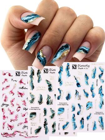 Marble Nail Art Sticker Set - European & American Metallic Foil Marble Blue & Purple Gradient Tie Dye Shapes Matte Base 3D Nail Decals Self-Adhesive Nail Jewelry Acrylic Nail Stickers, Nail Art Supplies For Women And Girls