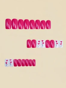 24pcs Valentine's Day Pink Heart Solid Color Nail Stickers, Press-On Nails, Nail Art Supplies - Pink - View 2
