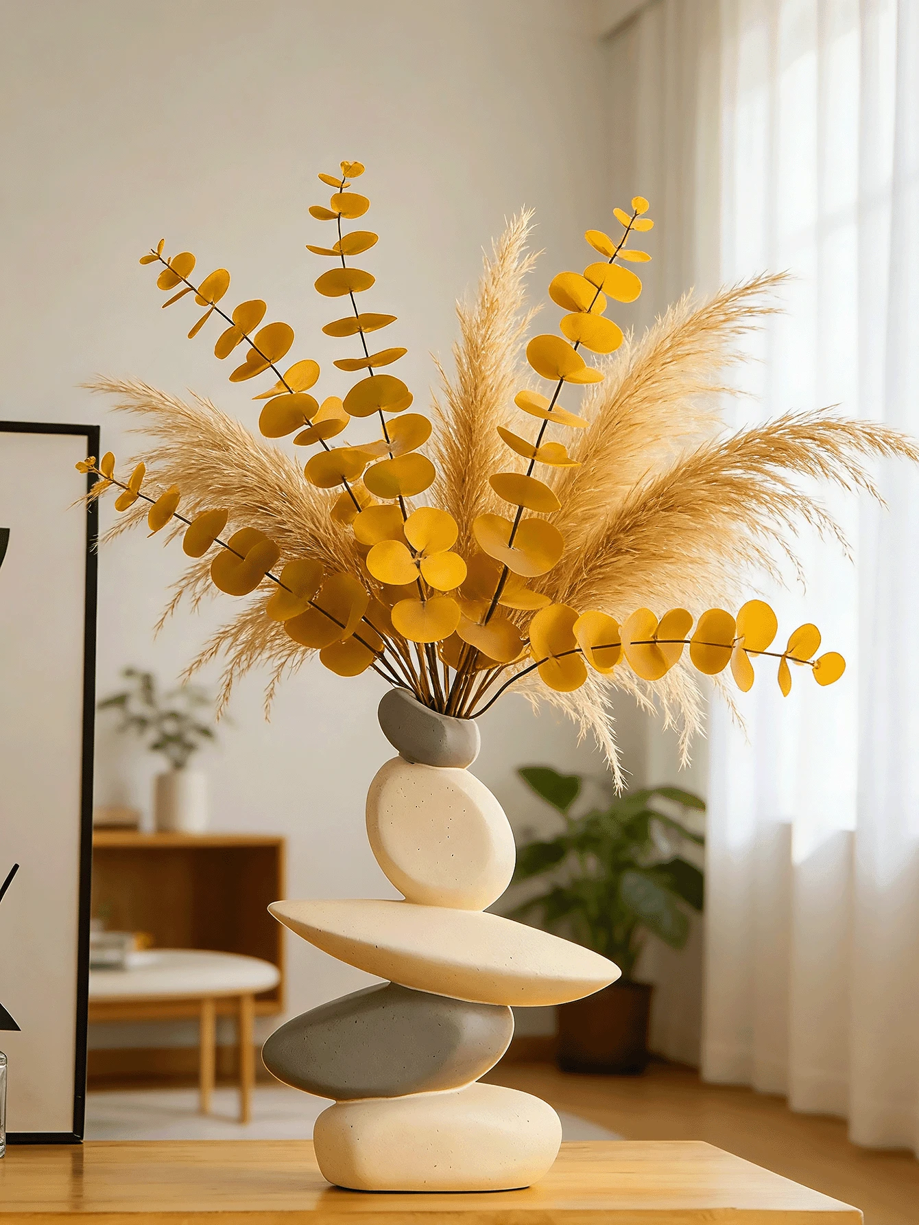 现代树脂幸运石雕塑花瓶 - 抽象平衡石艺术品，适合各种房间风格。可用作家居和办公室的桌面装饰。其时尚优雅的设计非常适合客厅、餐厅、电视柜和其他桌面摆设。是乔迁新居的绝佳礼物。不含电源适配器。