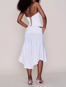 Women Y2K Satin Halter Lace Up Corset Top Tie Front Button Cropped Sleeveless Going Out Party Club Top - 白色 - 查看 4