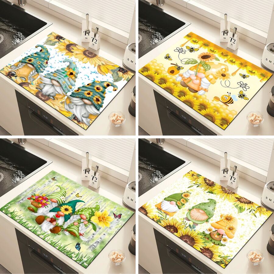 1 pieza Alfombrilla secadora de platos con estampado de girasol y diseño pixie, almohadilla absorbente para máquina de espresso, fregadero, grifos, baño y accesorios de decoración del hogar y cocina - Multicolor - Ver 1