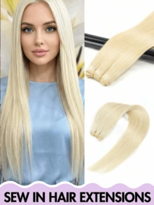 Extensiones de cabello cosidas, cabello humano recto Remy 100%, extensiones de cabello cosidas a mano de doble capa, cabello humano, disfraz de Halloween, esencial para vacaciones, regalo de novia para vacaciones, extensiones de cabello natural, adecuado para todo tipo de cabello, set de trama de cabello suave - Multicolor - Ver 47